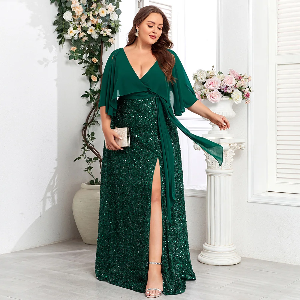 Robe Longue Paillettes Col V Fente Haute | Soirée & Fête | Grande Taille