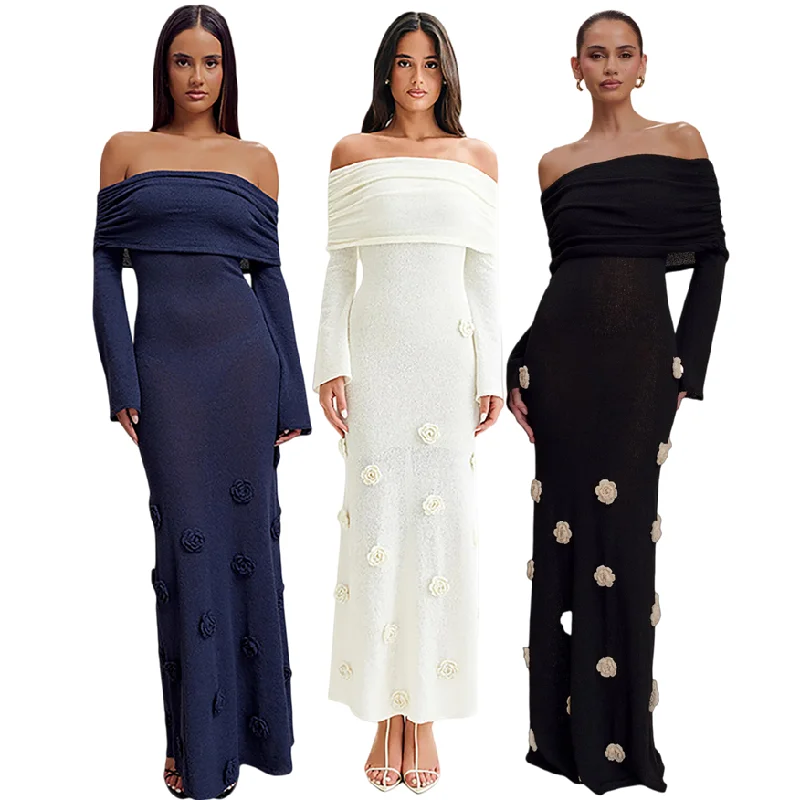 Robe Maxi Épaule Dénudée D8732 – Fleurs 3D Élégantes | Tricot Stretch Femme