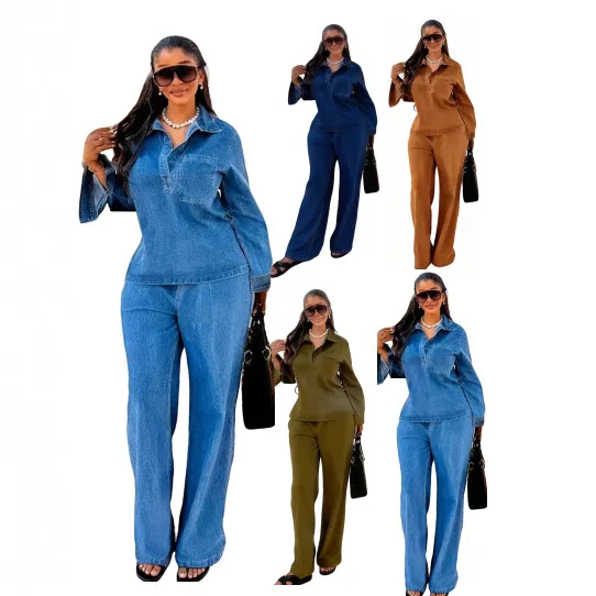 Ensemble jean femme Y6561 – Veste à revers & jean droit tendance | 4 couleurs