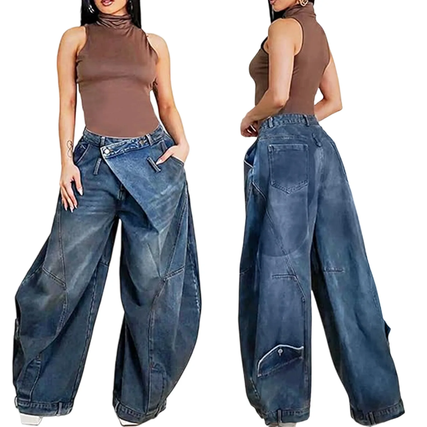 Jean Baggy Femme Taille Haute Délavé Asymétrique – Style Streetwear Y2K