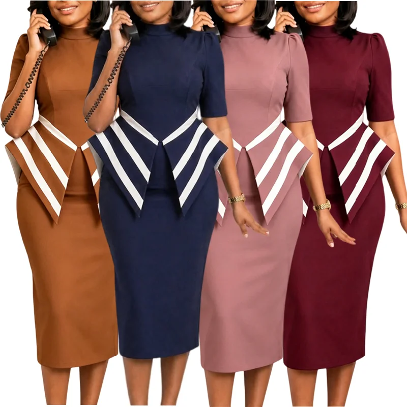 Robe Midi Élégante Bicolore D3366 – Tenue Bureau Femme Manches Mi-Longues