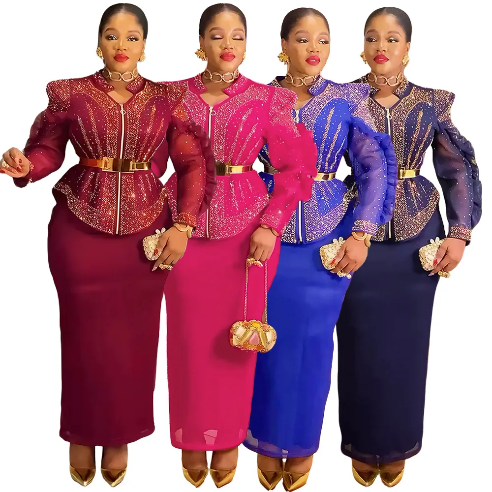 Ensemble 2 pièces luxe grande taille S10896 – Haut & jupe à strass, tenue de fête africaine