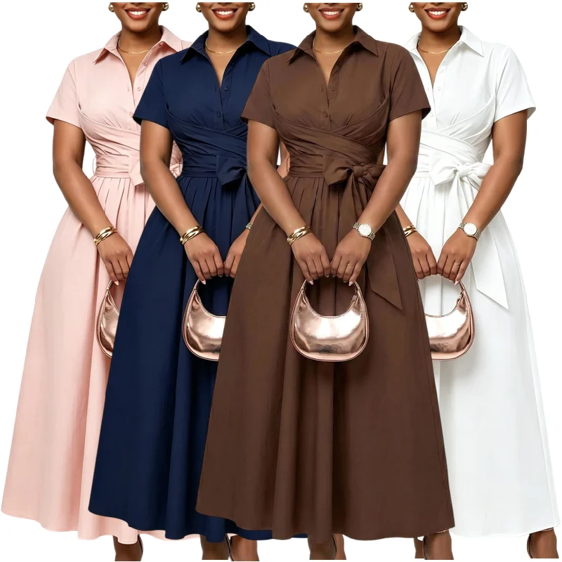 Robe Chemise Élégante C8662 – Col Revers, Manches Courtes & Laçage, Coupe Maxi A-Line