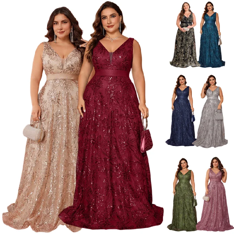Robe de soirée grande taille SN2344D – Col V, sans manches, broderie paillettes, silhouette A-Line
