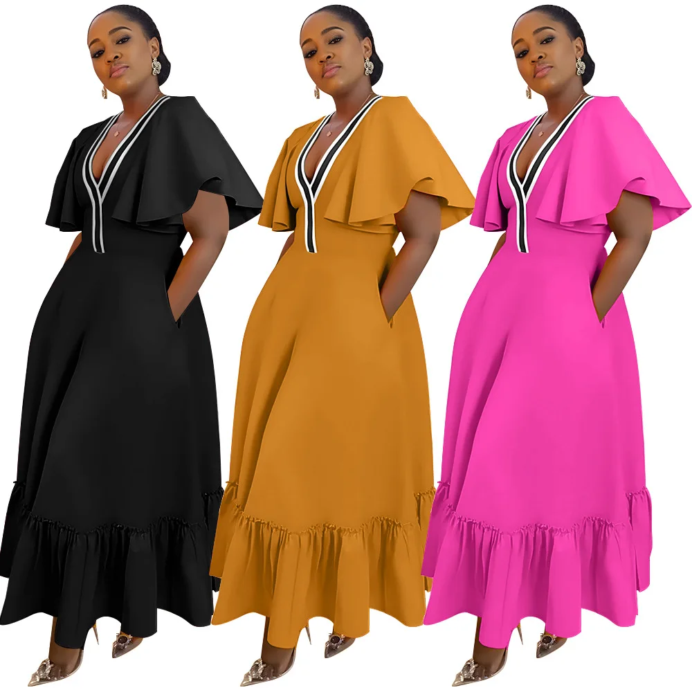 Robe Maxi Femme K10723 – Col V, Manches Volantées, Poches, Coupe Trapèze Élégante