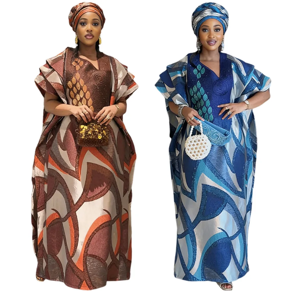 Robe Dashiki Africaine Grande Taille Femme – Brodée, Strass, Jacquard + Foulard