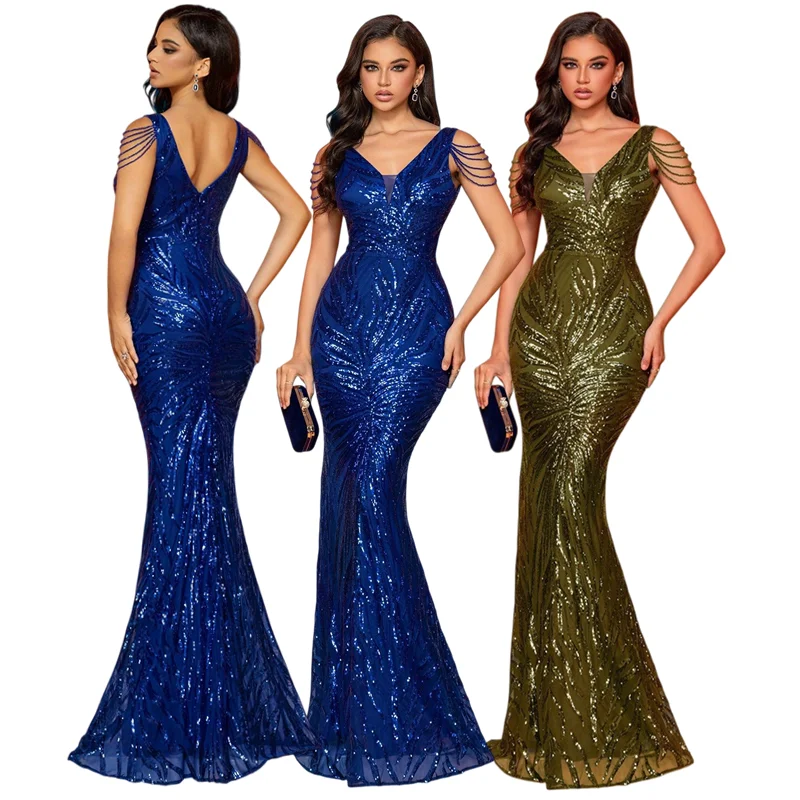 Robe Sirène Longue LY2485 – Col V Paillettes & Franges, Dos Nu, Soutien-gorge Intégré