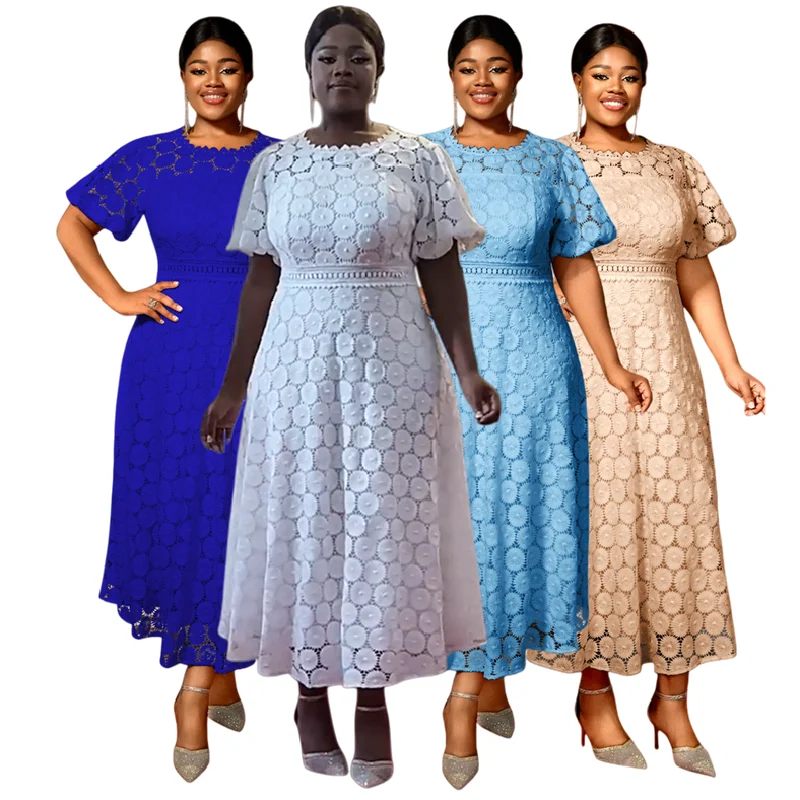 Robe Africaine Grande Taille Femme – Dentelle Manches Bouffantes Maxi A-Line