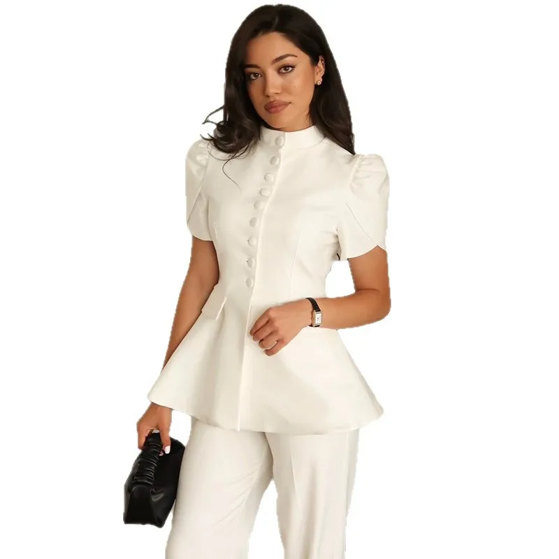 Blazer Femme Manches Courtes Col Montant Coupe Ajustée TR1929 – Élégant & Respirant
