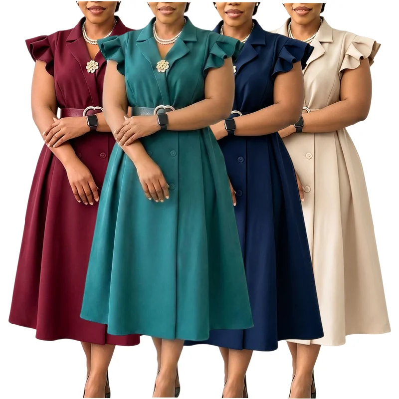 Robe Midi Élégante D3365 – Col V, Double Boutonnage & Ceinture, Style Bureau