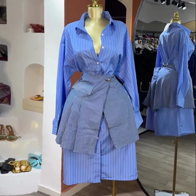 Ensemble 2 pièces femme HK72894 – Chemise rayée bleue col rabattu + jupe courte | Tenue bureau