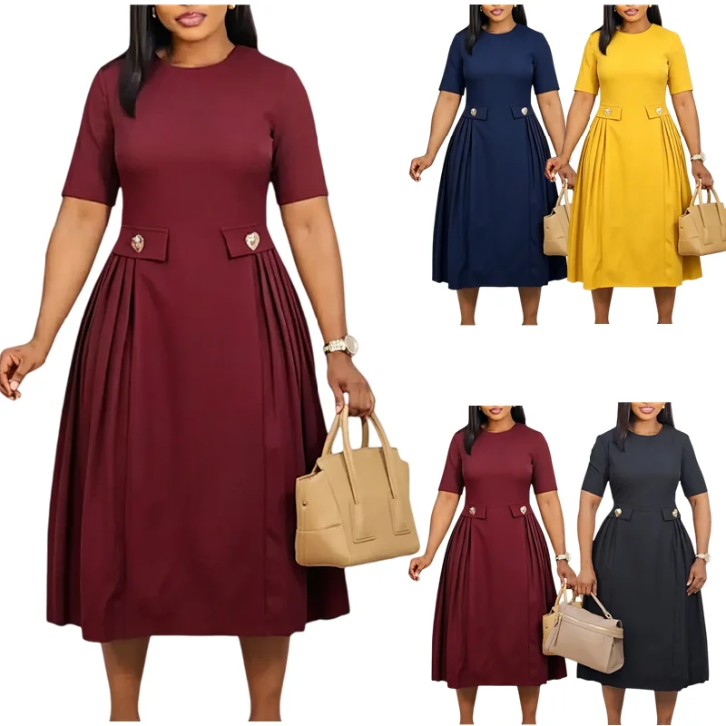 Robe Midi Élégante Col Rond Manches Courtes – Style Bureau & Casual C8661