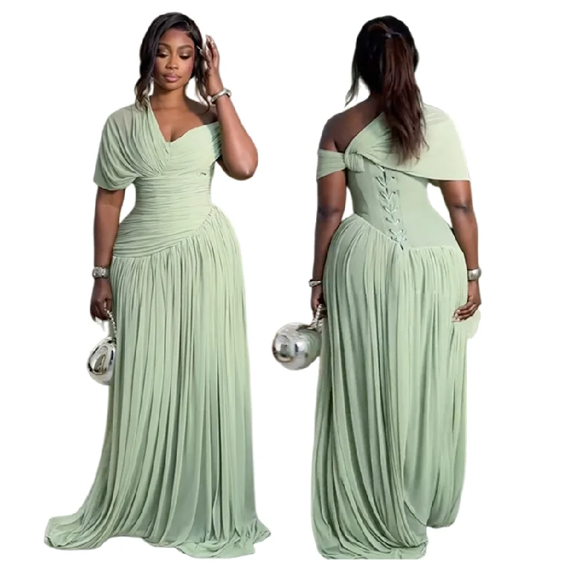 Robe Maxi Femme Col Asymétrique Taille Haute | Élégante & Décontractée Manches Courtes Plissée