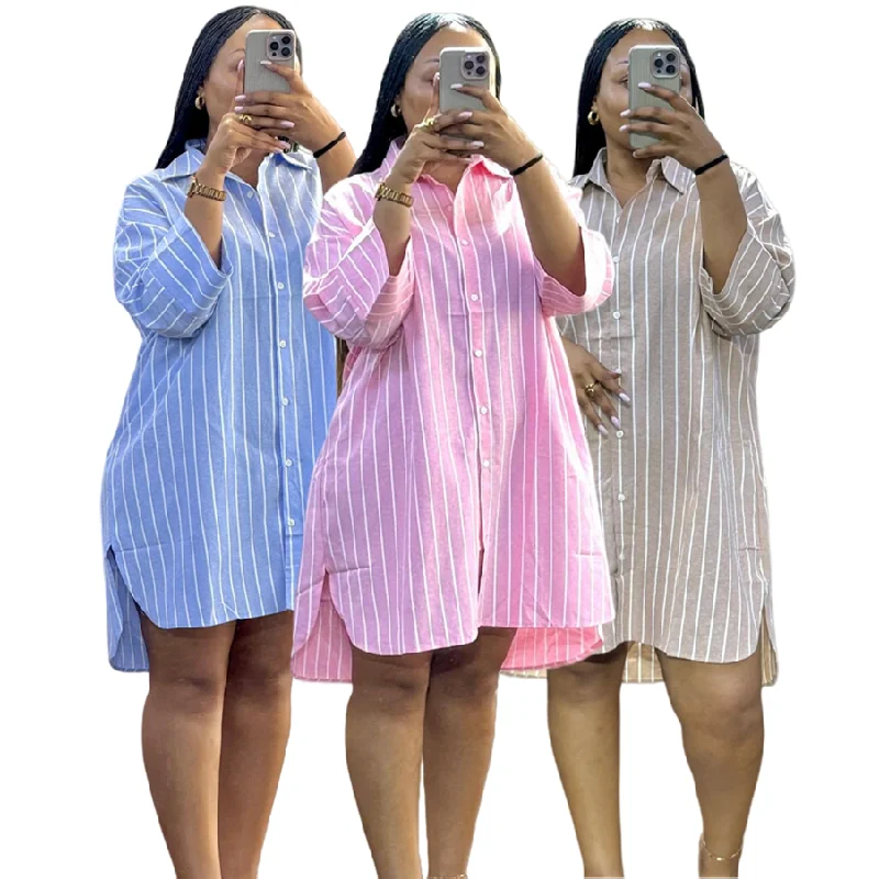 Chemisier rayé élégant pour femme – Coupe longue, col polo, style bureau décontracté