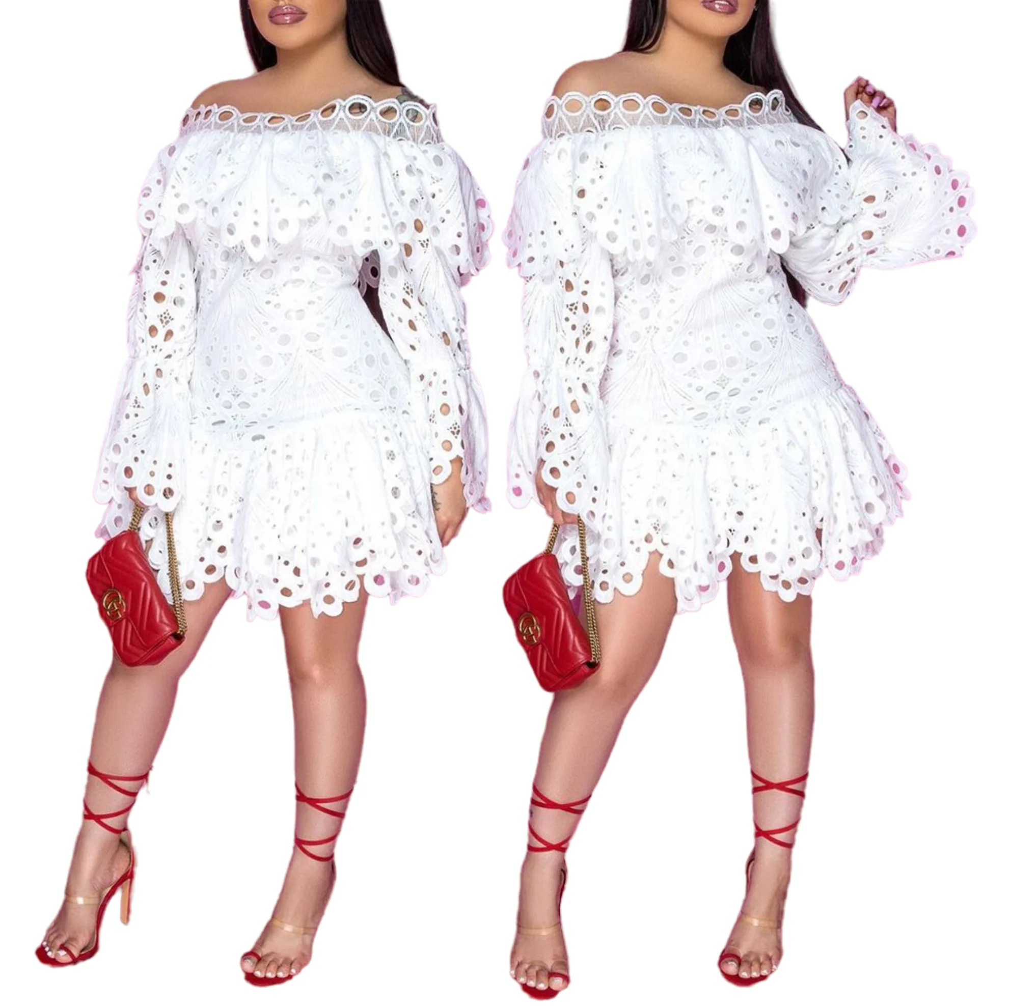 Robe Mini Dentelle Blanche à Épaules Dénudées & Manches Longues – Style Chic Décontracté