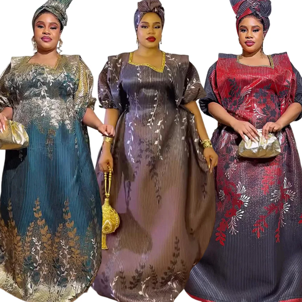 Robe Africaine Grande Taille Dashiki S11026 – Col Carré, Manches Courtes & Foulard Assorti