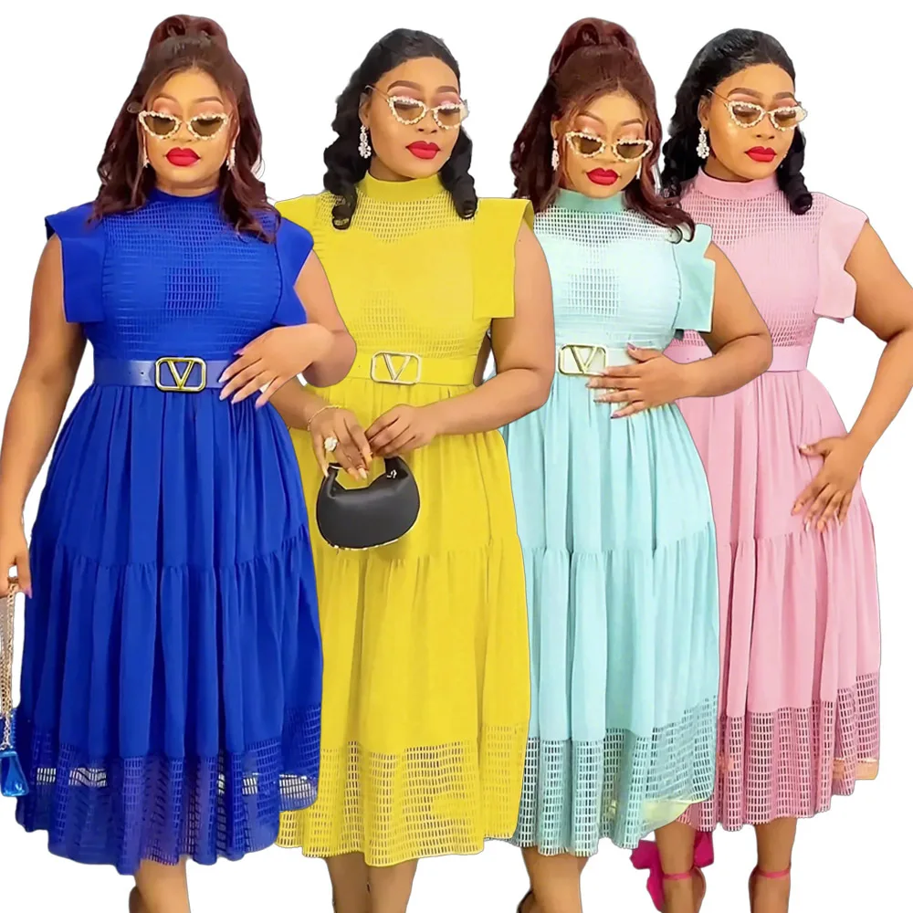 Robe Midi Grande Taille S10192 – Dentelle Élégante Sans Manches Style Africain Femme