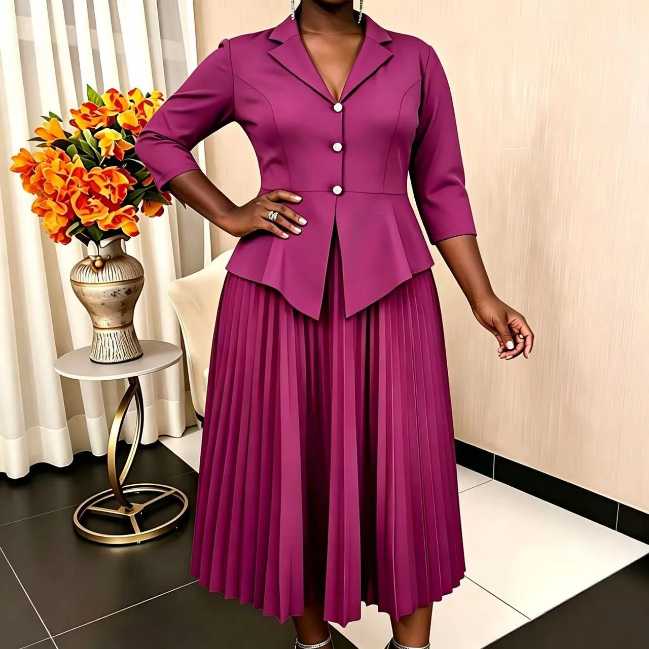 Robe Trapèze Élégante Col V Plissée | Taille Haute | Bureau & Quotidien | Violet