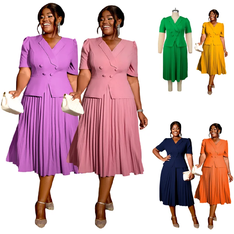 Robe Midi Femme Élégante Col V | Manches Courtes Plissées | Bureau & Soirée