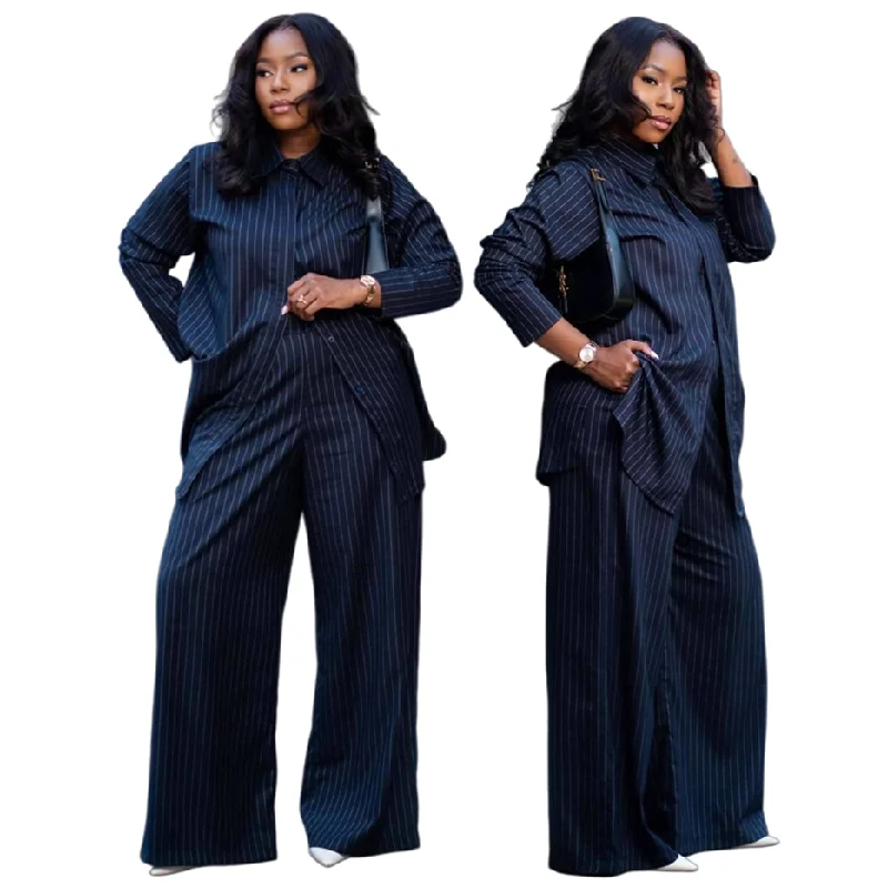 Ensemble 2 pièces femme SH7708 – Chemise rayée manches longues & pantalon large tendance