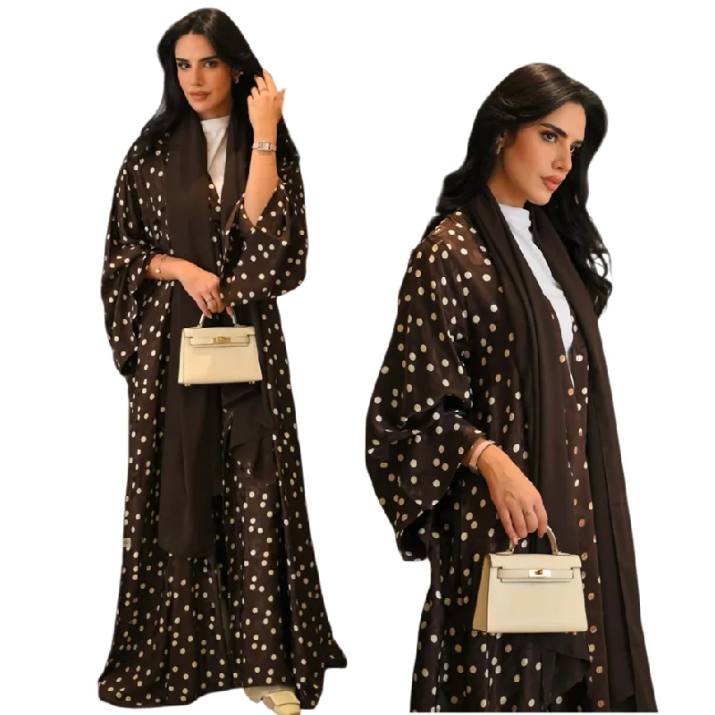 Abaya Ouverte à Pois MQ277 – Robe Maxi Islamique avec Voile, Style Dubaï