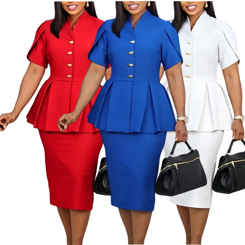 Ensemble tailleur 2 pièces femme – Haut volants col V + jupe fendue mi-mollet | Bureau & Élégance