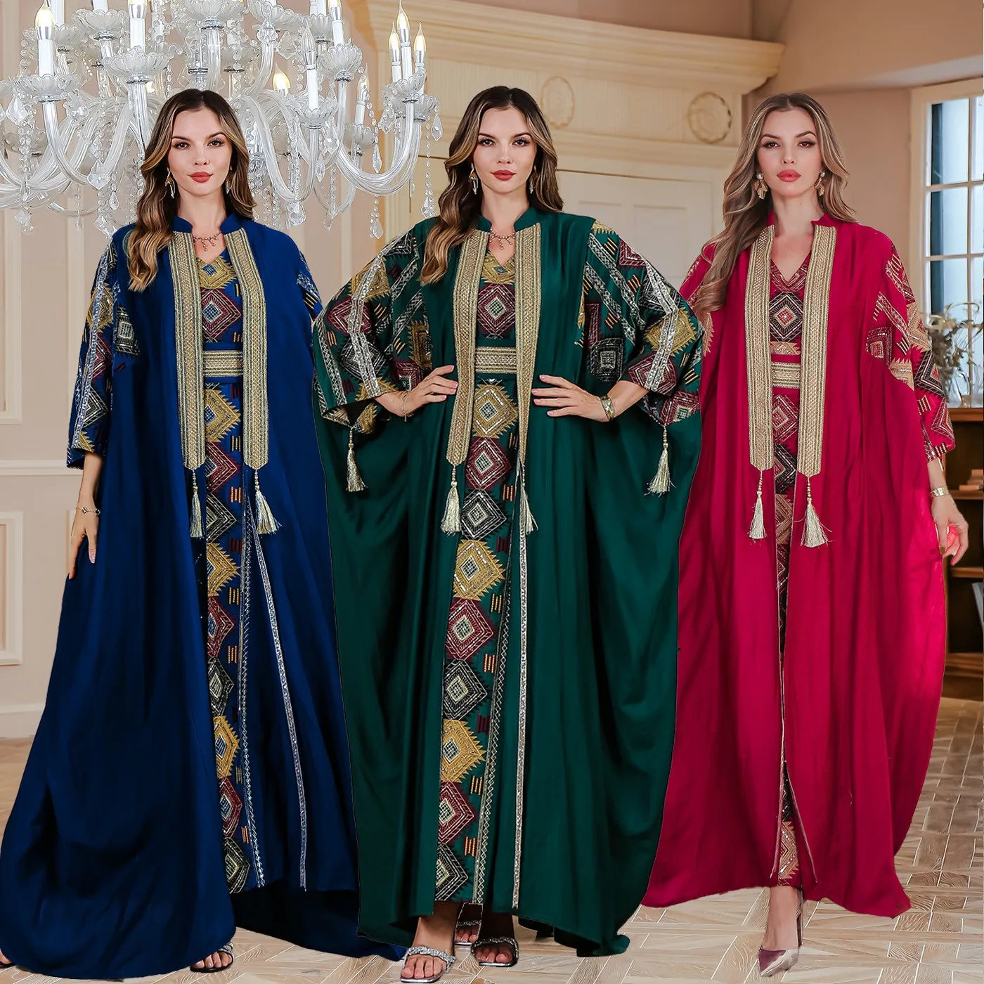 Ensemble Abaya Kaftan Brodé 2 Pièces SMT093 – Robe Islamique Luxe Femme