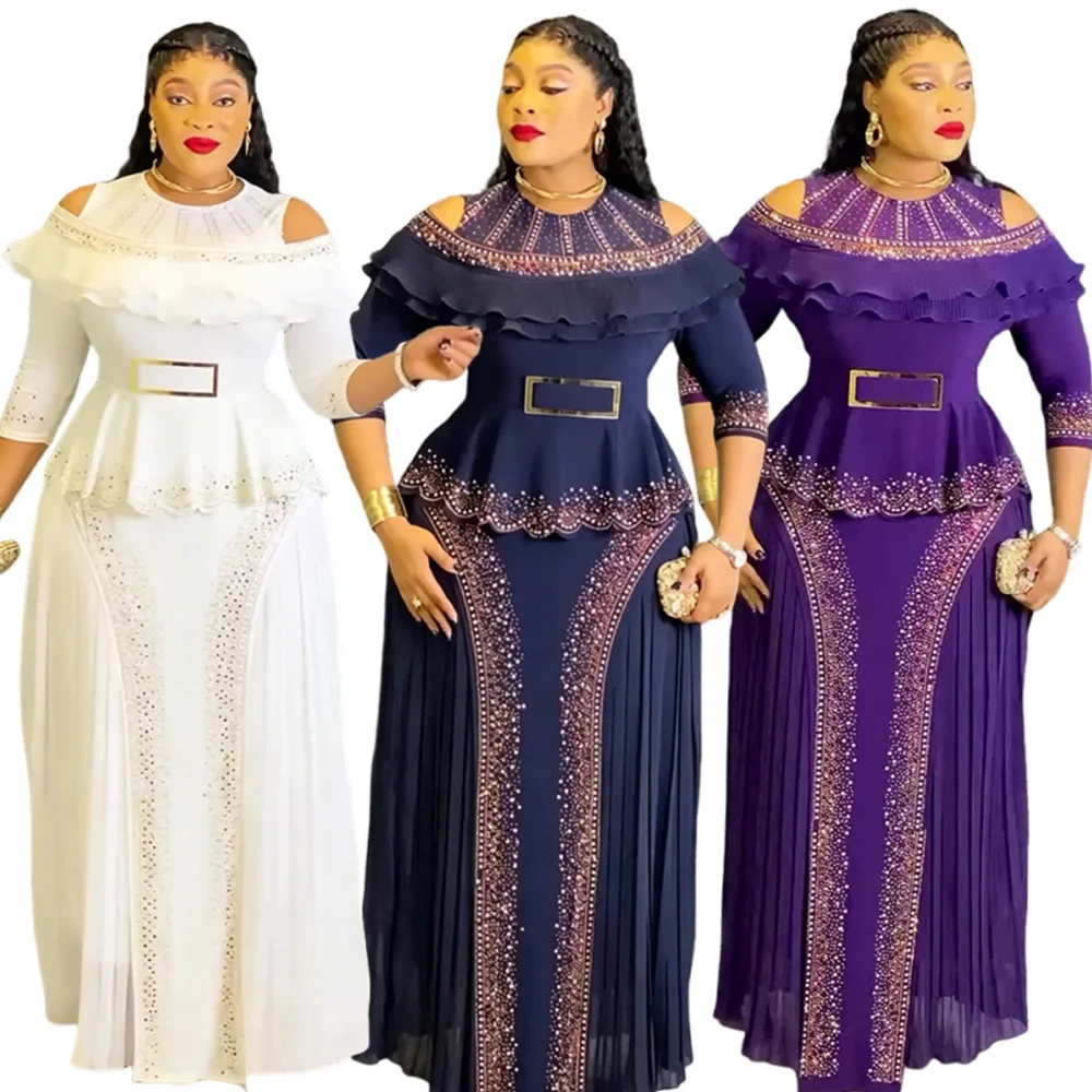 Robe Élégante Femme S11070 – Col Rond, Manches 3/4, Strass & Volants Plissés, Coupe A-Line Maxi