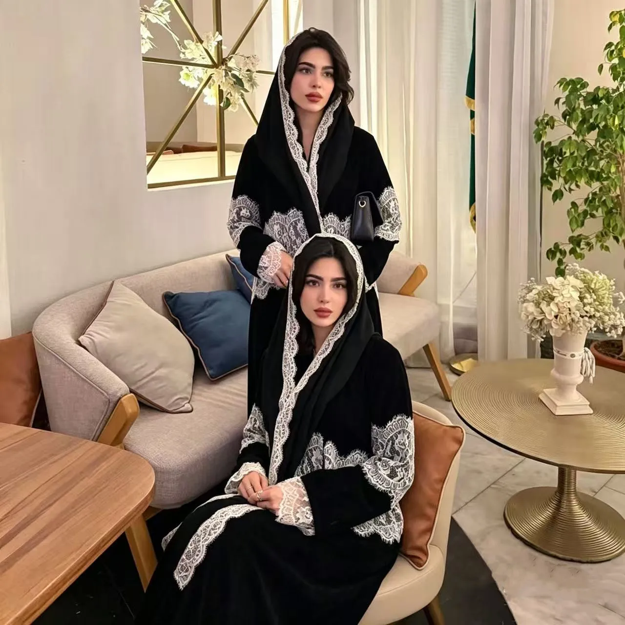 Abaya Ouverte MQ274 Longue Noire | Dentelle & Patchwork | Vêtement Islamique avec Voile