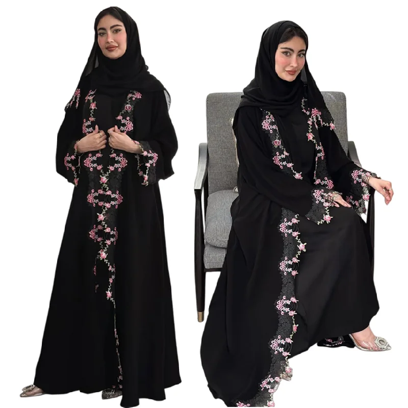 Abaya Ouverte Brodée MQ275 – Robe Musulmane Maxi Dentelle & Patchwork | Style Dubaï