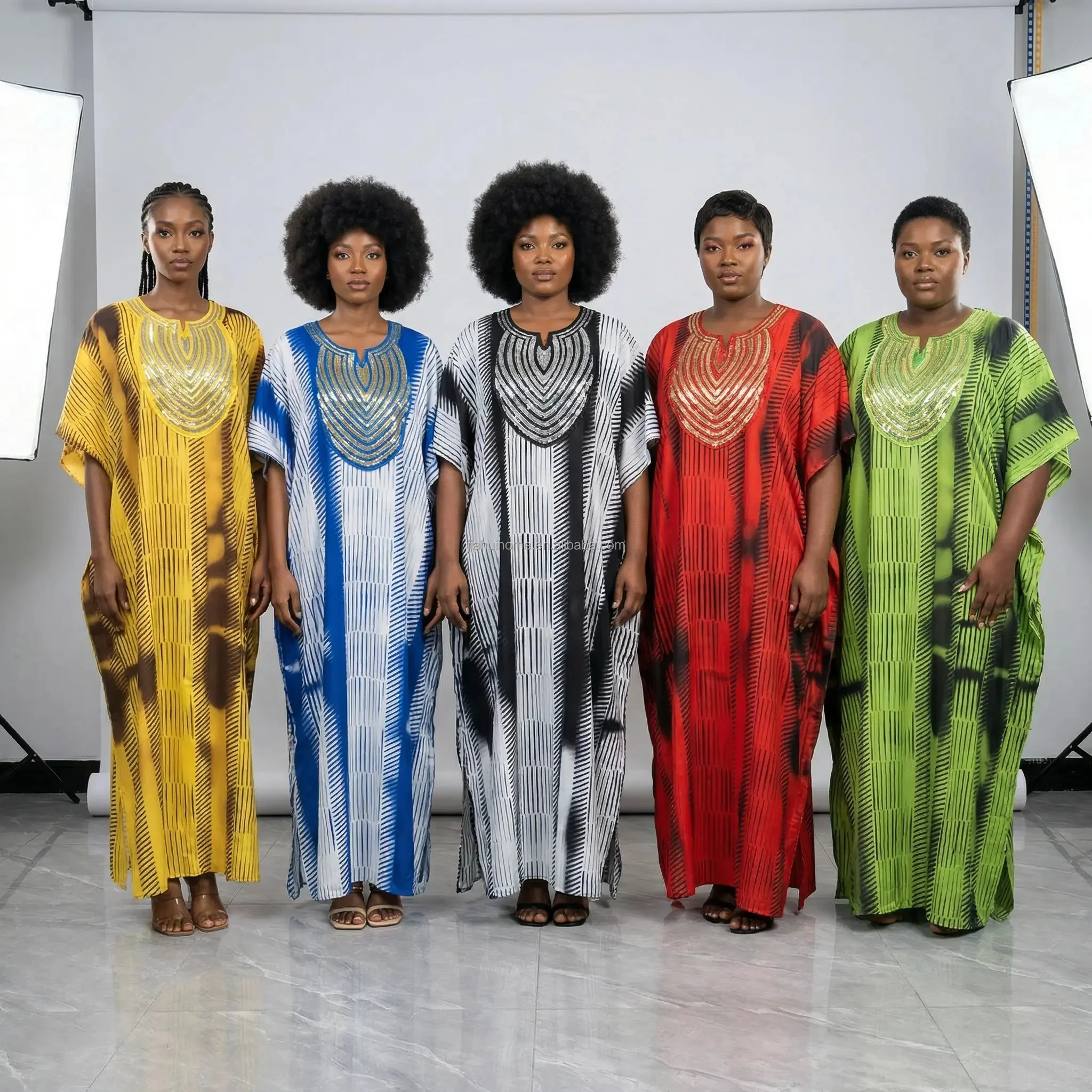 Robe Longue Africaine de Luxe | Broderie Paillettes | Kaftan Bubu Manches Chauve-Souris