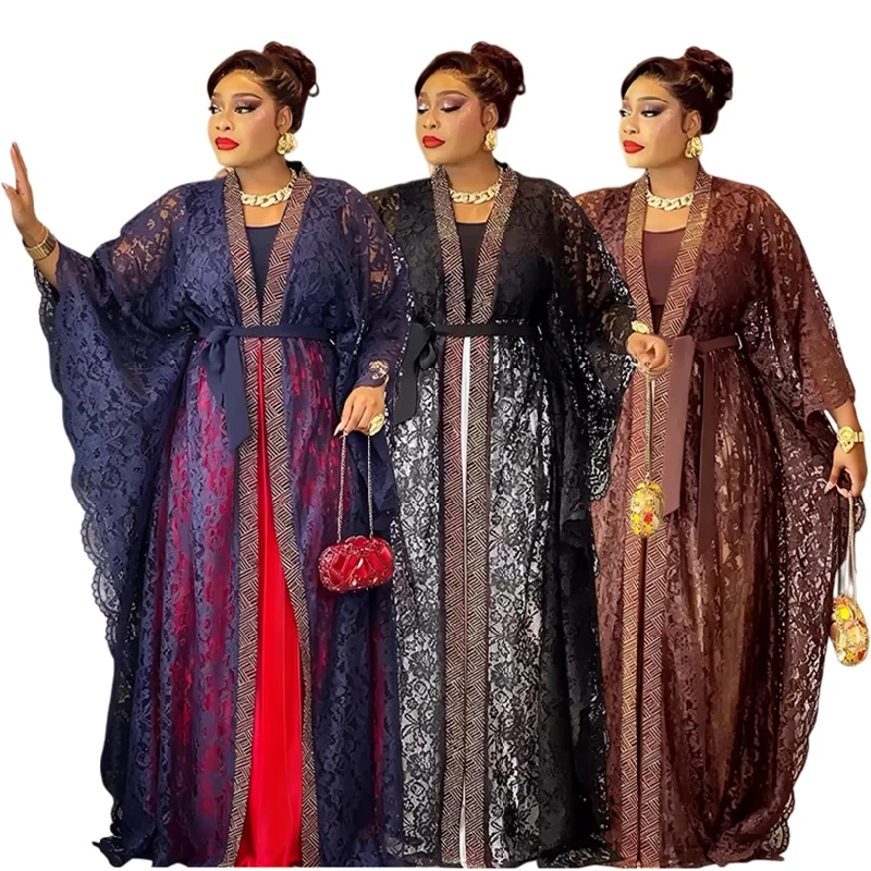 Ensemble Robe Africaine Grande Taille Boubou Dashiki Brodé Strass & Dentelle Manches Longues