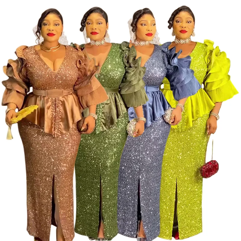Robe de Soirée Luxe Sequins 2 Pièces Col V Manches Froufrous avec Ceinture
