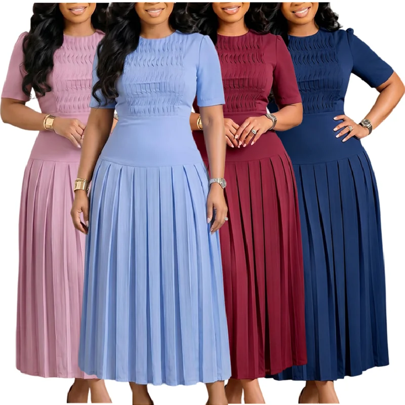 Robe Maxi Élégante Col Rond Manches Courtes Plissée – Bureau & Casual