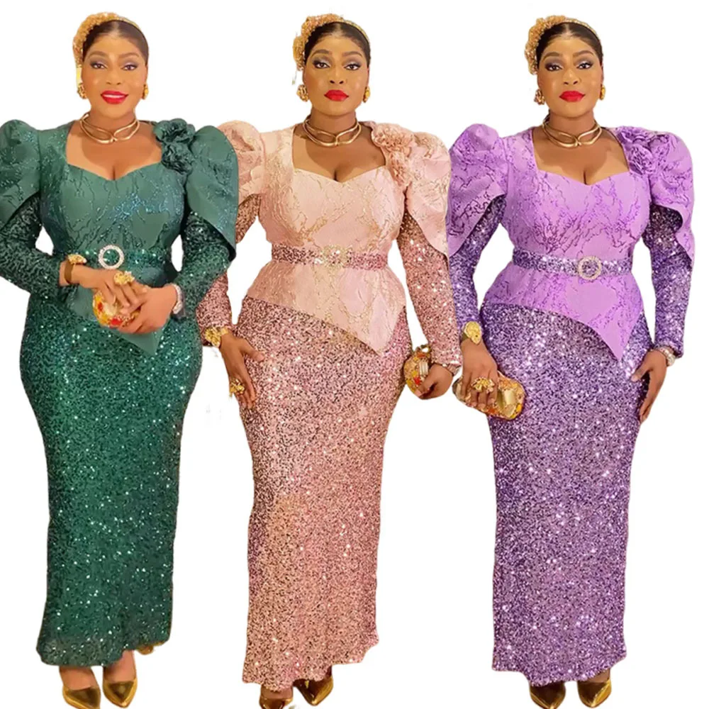 Robe Sirène Luxe S10822 – Col V, Sequins & Ceinture | Soirée & Église