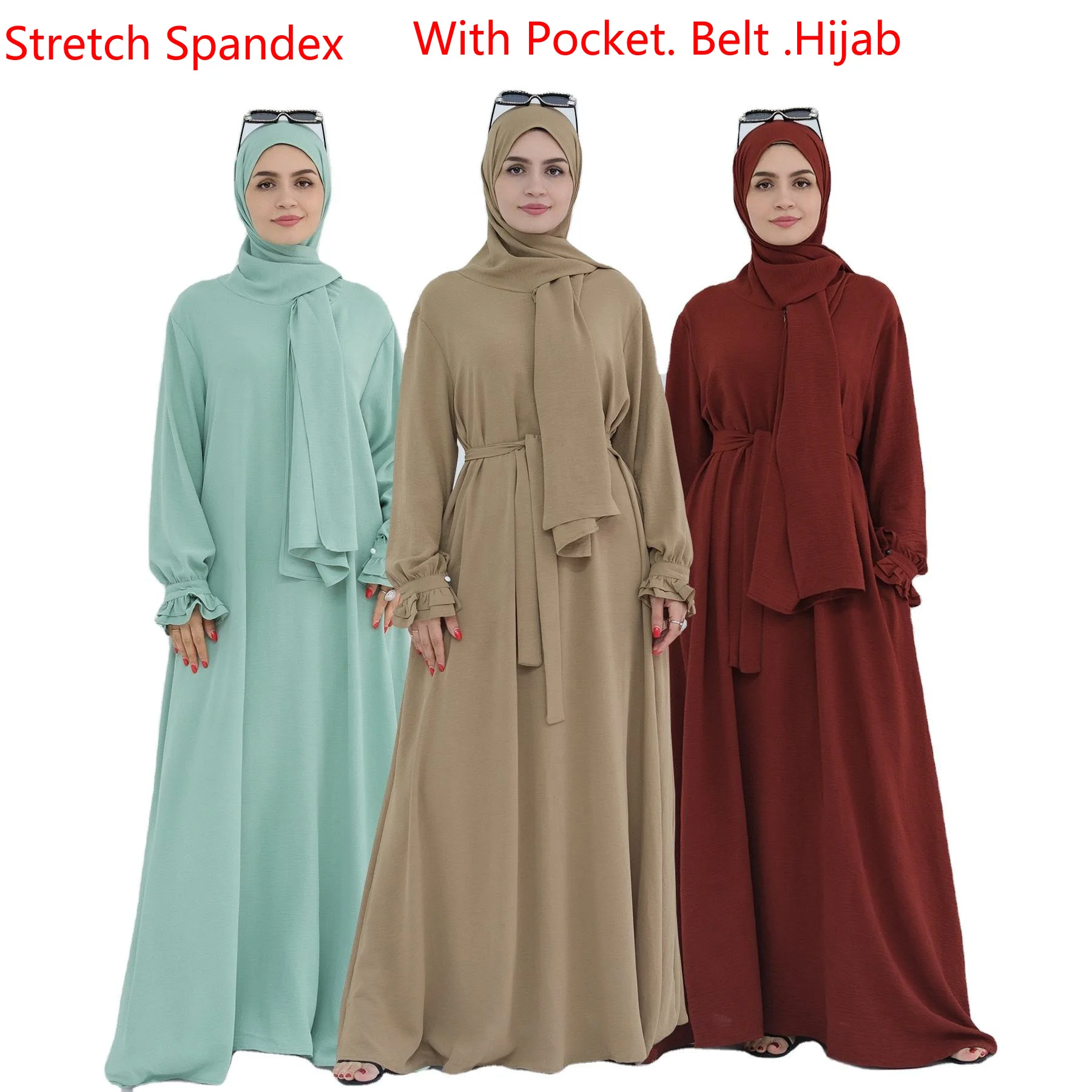 Ensemble Abaya 3 Pièces Dubai Luxe avec Hijab, Ceinture et Poches – Robe Longue Modeste