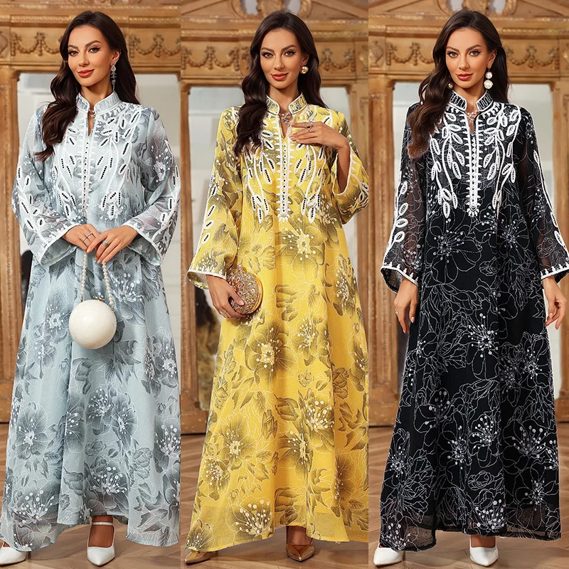 Abaya Kaftan Brodée Luxe – Robe Longue Ethnique Florale pour Femme