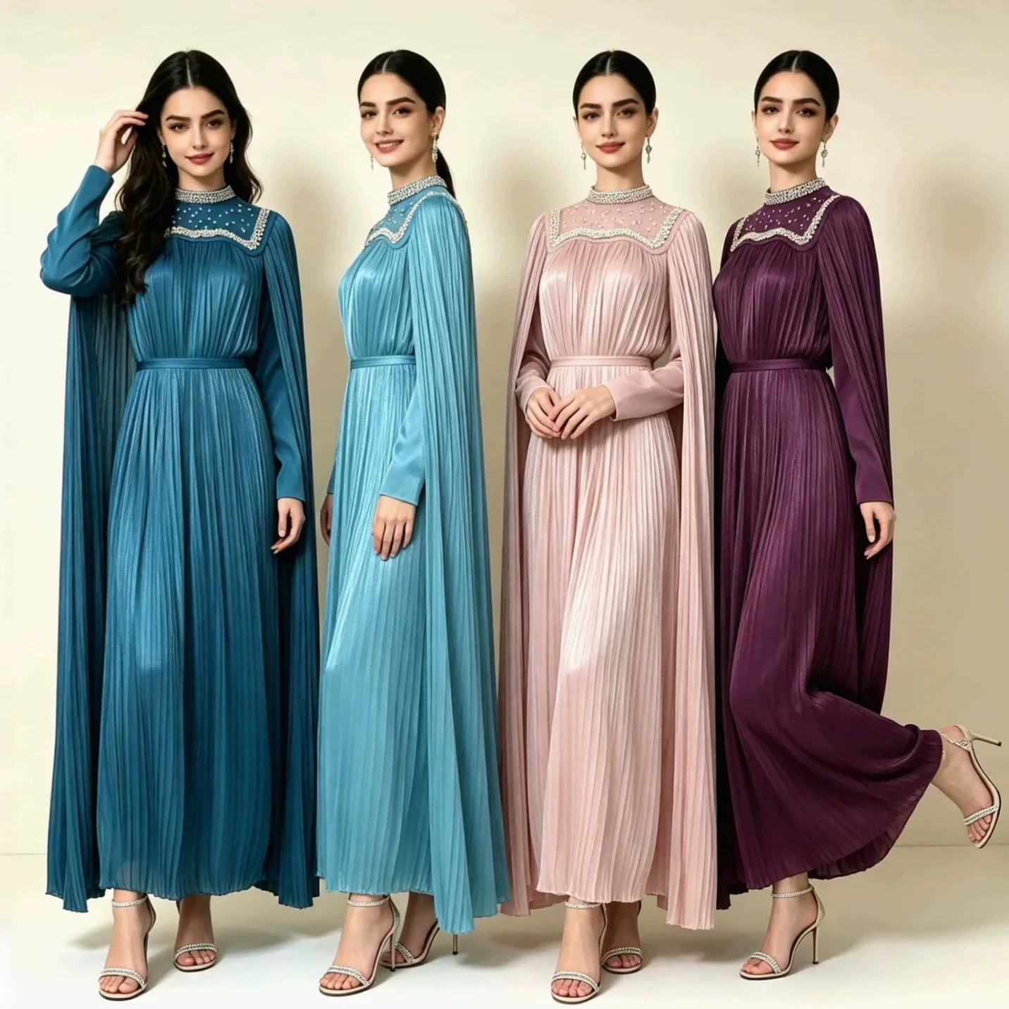 Robe Maxi Organza Perlée Col Montant | Longue Élégante Été Cape Diamants