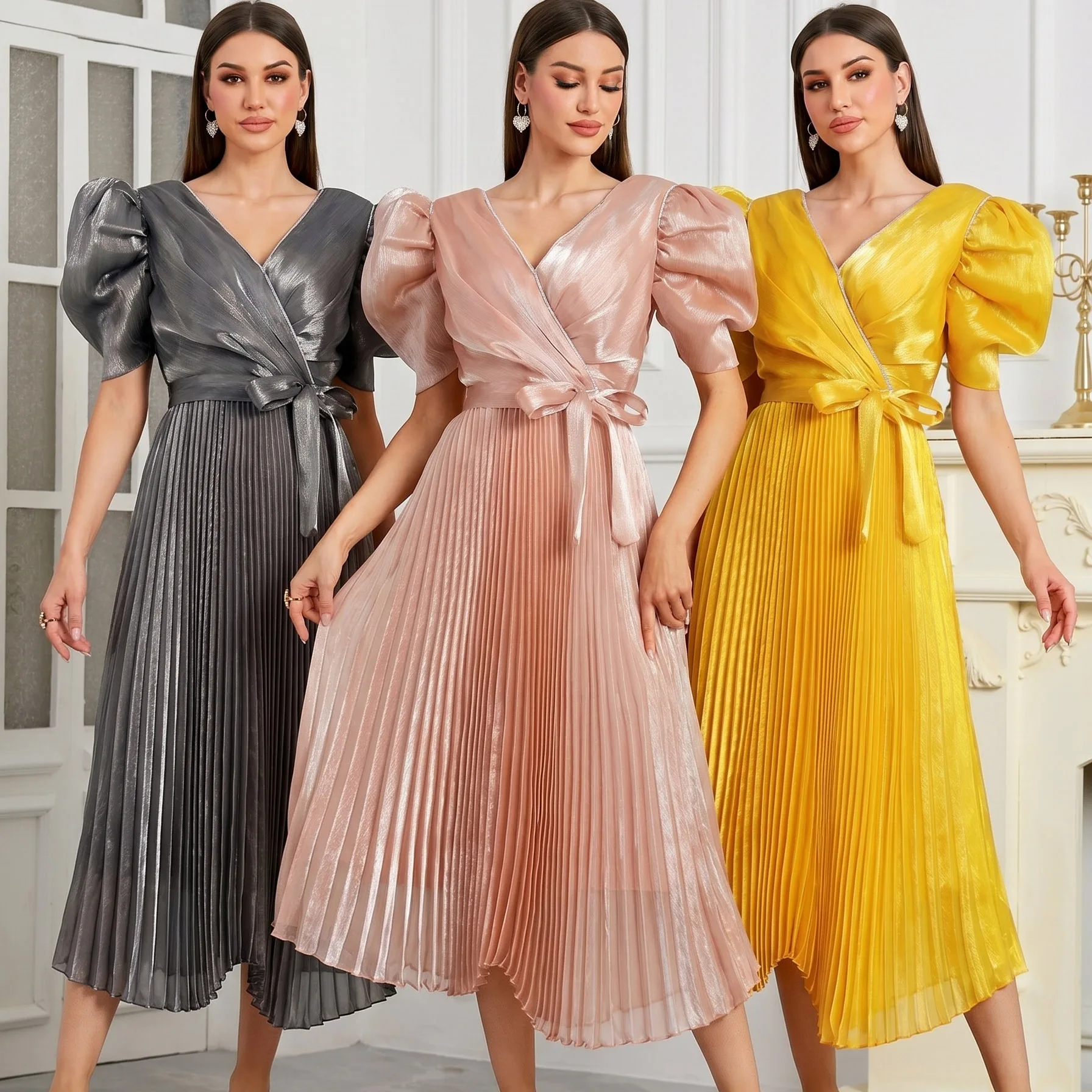 Robe Maxi Élégante Col V Manches Bouffantes Plissée Ceinturée Taille Haute – Style Vintage Chic