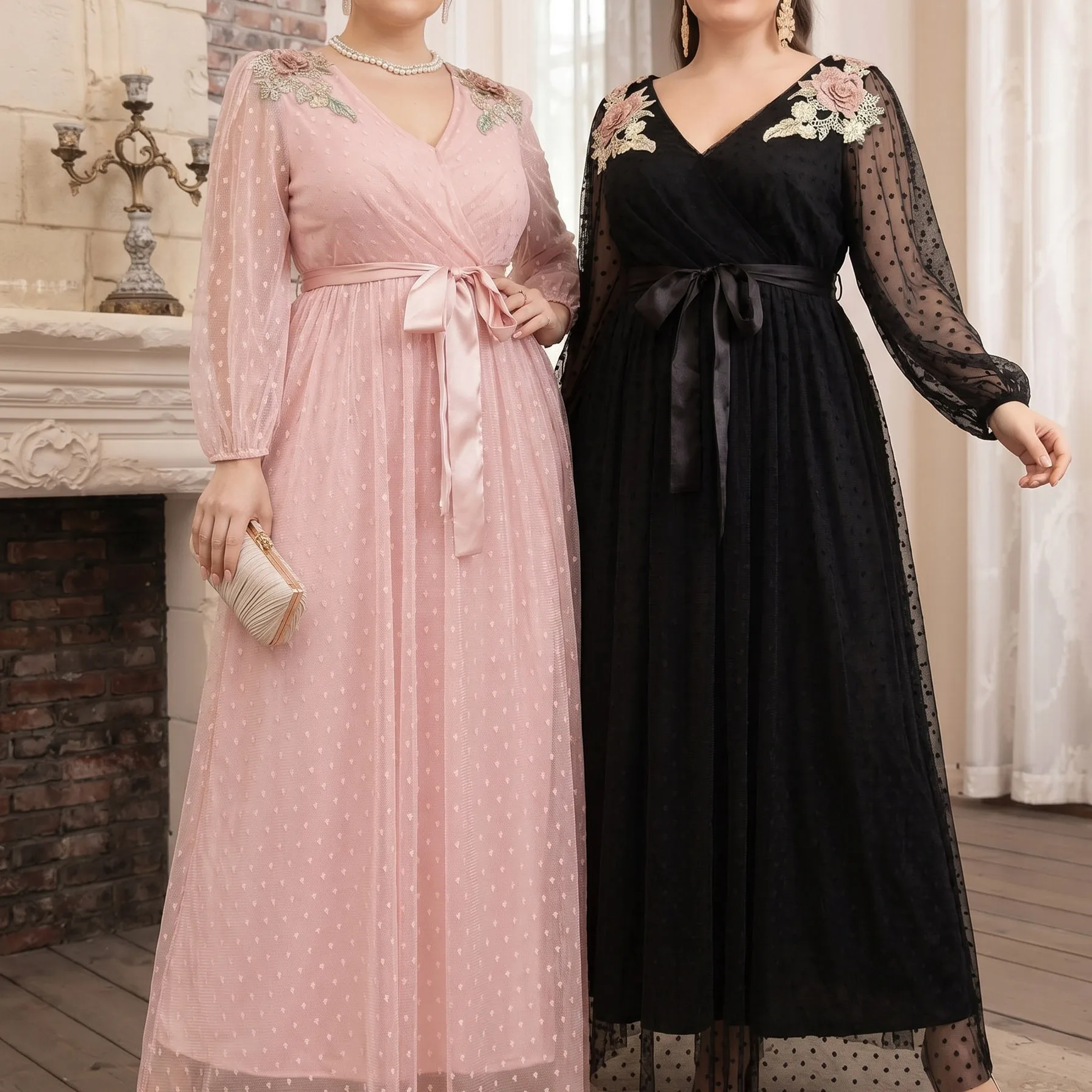 Robe Fée Grande Taille 4XL – Broderie 3D Florale & Strass – Soirée & Mariage