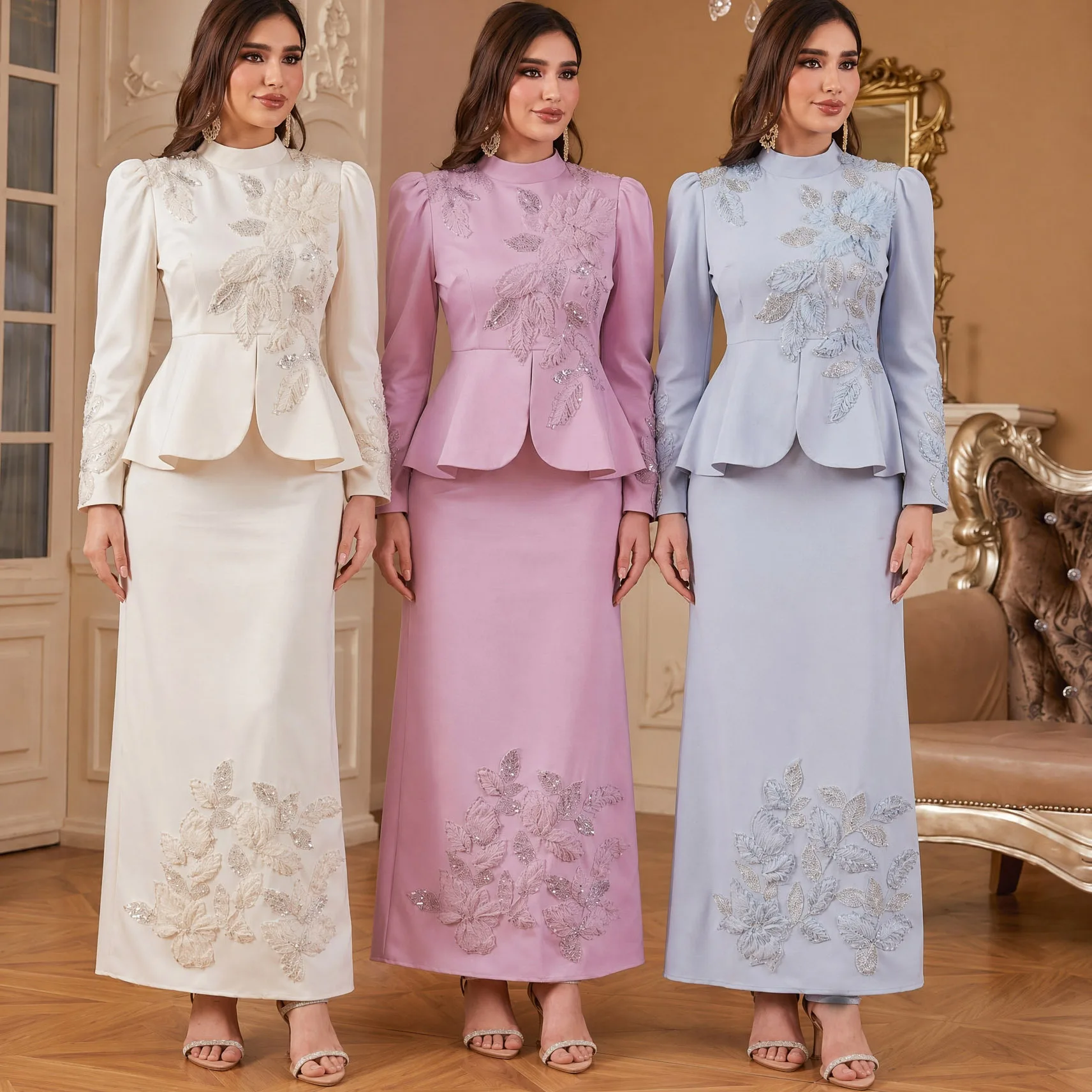 Ensemble Abaya 2 Pièces Satin Broderie Florale Perlée – Tenue Musulmane Élégante