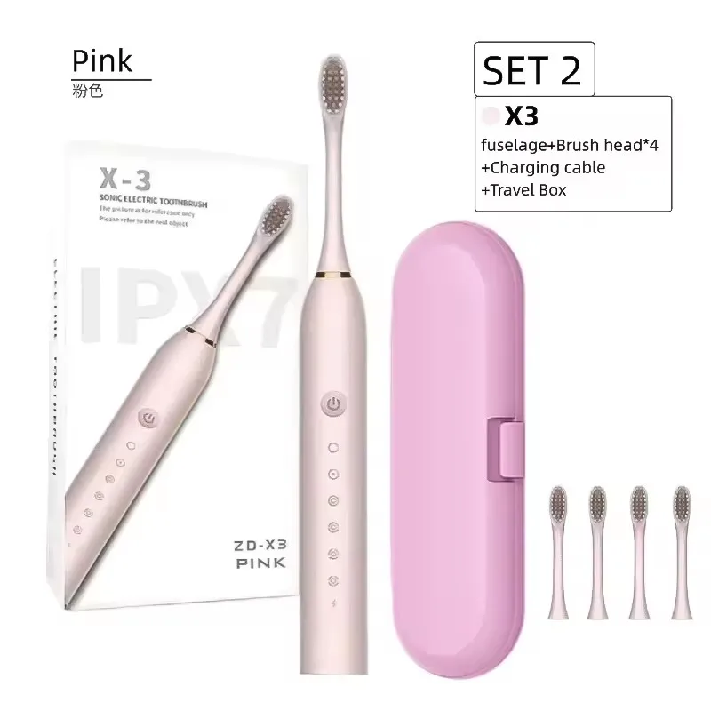 Brosse à Dents Électrique Sonique X-3 Rechargeable 5 Modes – Lot de 4 Têtes Douces IPX7