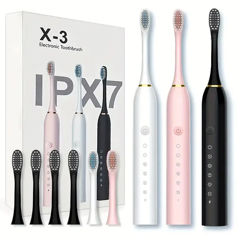 Brosse à Dents Électrique Sonique X3 – 5 Modes, Rechargeable USB-C, IPX7, 4 Têtes Douces