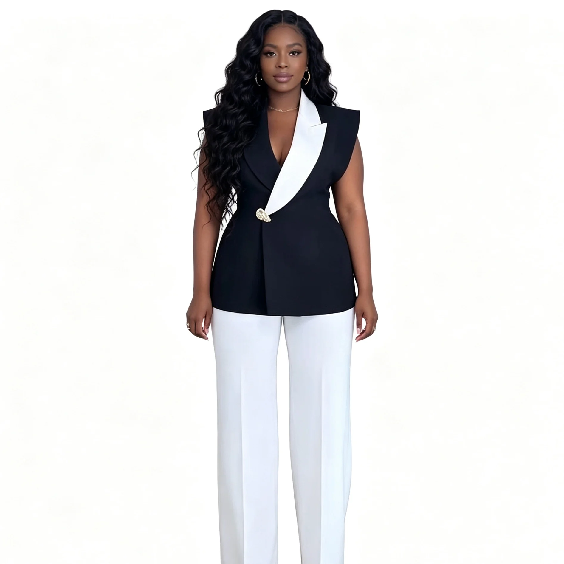 Ensemble 2 pièces femme – Blazer asymétrique color block & pantalon large | Sehe Fashion