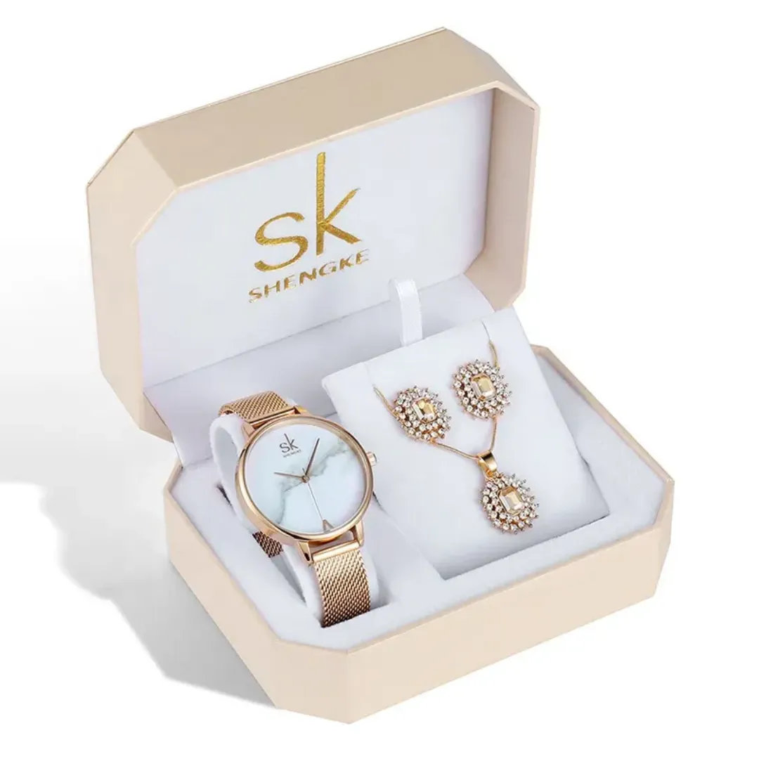 Coffret Cadeau Élégance Femme – Montre SK Dorée avec Parure Collier et Boucles d'Oreilles