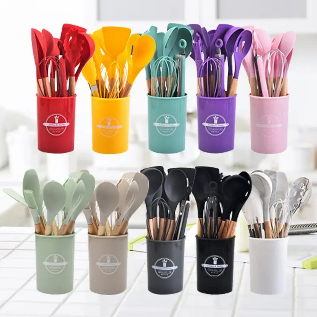 Set d’ustensiles de cuisine en silicone avec manche bois – 12 pièces