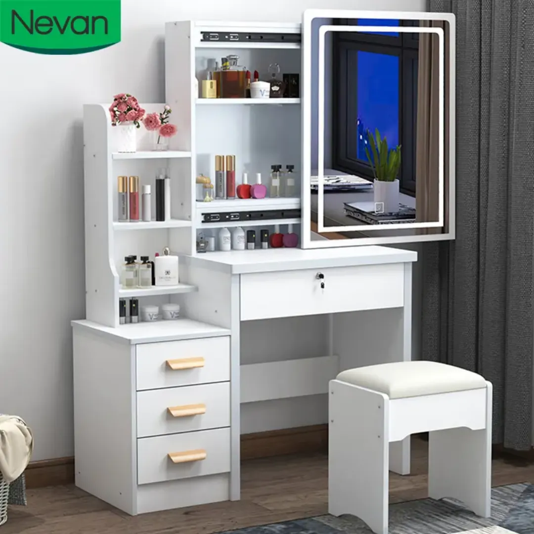 Coiffeuse de Maquillage Moderne avec Miroir LED et Rangements