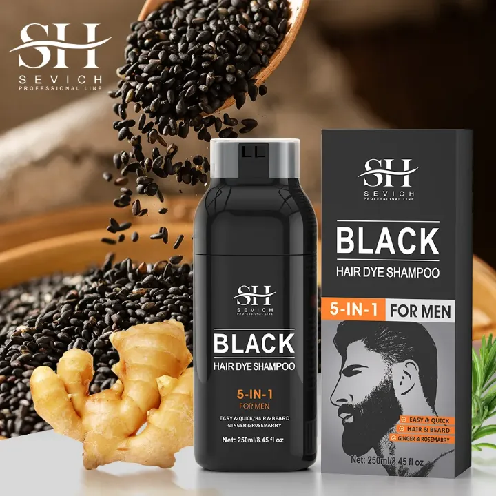 Shampoing Colorant Noir 5 en 1 pour Hommes – Cheveux et Barbe – Naturel au Gingembre et Romarin – 25