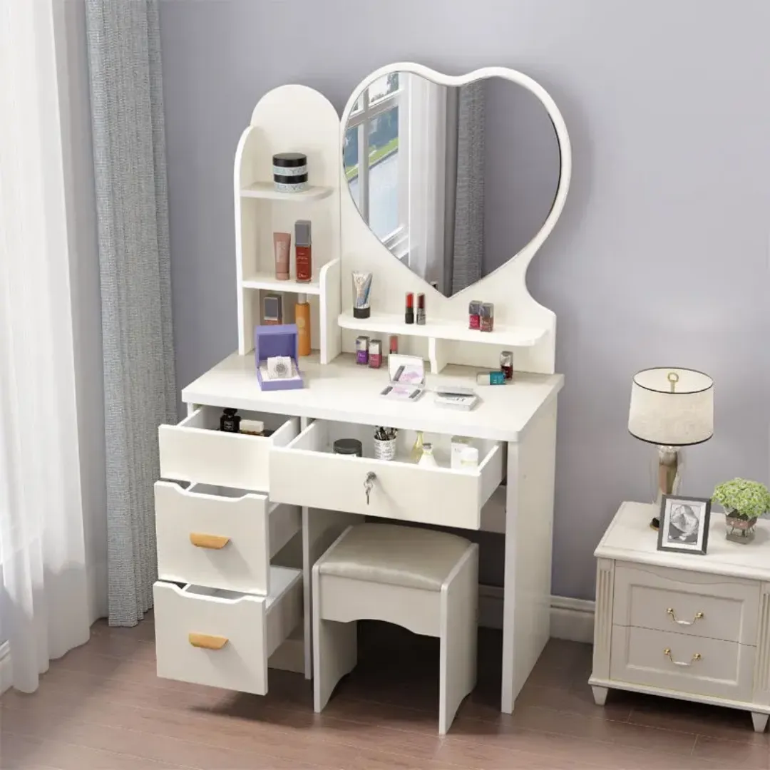 Table de Maquillage Moderne avec Miroir Cœur et Rangement – Coiffeuse Élégante pour Chambre