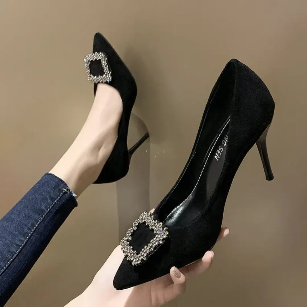 Escarpins noirs en daim avec strass pour femmes – Talons hauts élégants à bout pointu, confortables et antidérapants